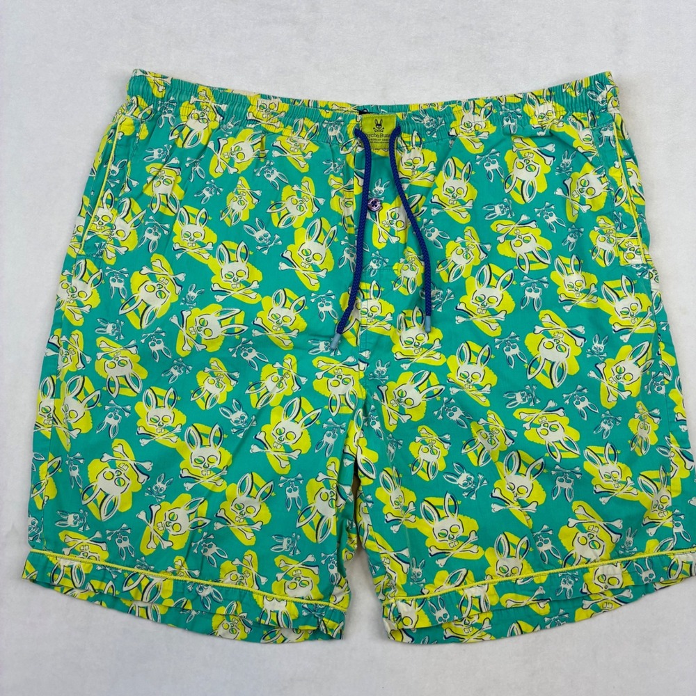 Psycho Bunny Swim Trunks Mens XL Teal Yellow Skull Bunny Print Board Shorts